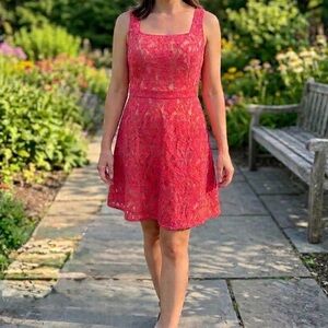 The Limited Coral Pink Floral Lace Fit & Flare Mini Dress Square Neckline Size 4